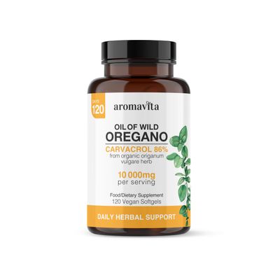 AROMAVITA Vegan Wild Oregano Oil Capsules Organic, 86-90% Carvacrol - 10000 mg Oil of Oregano per Softgel - Immune and Digestive Support, Natural Antioxidant, Vegan, Non GMO, 120 Capsules