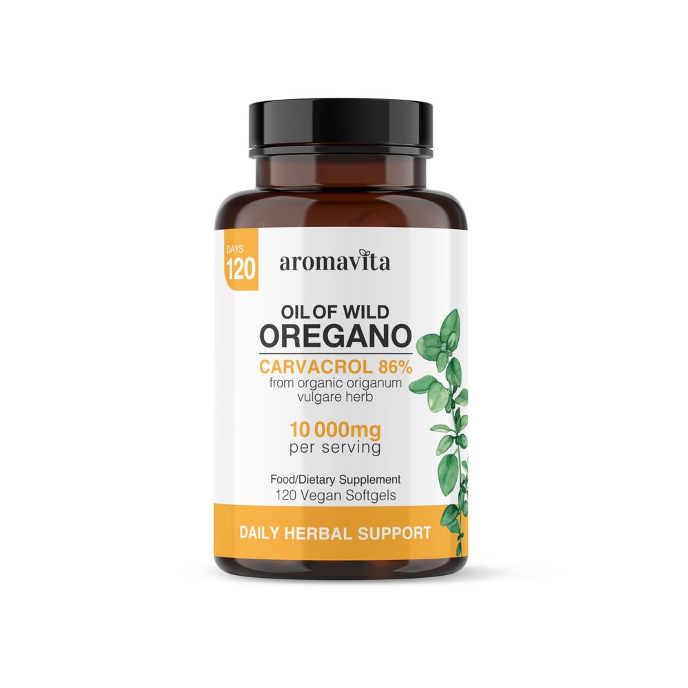 AROMAVITA Vegan Wild Oregano Oil Capsules Organic, 86-90% Carvacrol - 10000 mg Oil of Oregano per Softgel - Immune and Digestive Support, Natural Antioxidant, Vegan, Non GMO, 120 Capsules