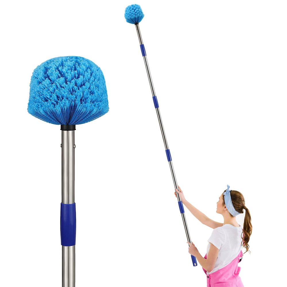 Cobweb Duster with Extension Pole, 8 FT Stiff Bristles Duster Head with Adjustable Stainless Steel Handle, Lightweight High Ceiling Brush Cleaner for Outdoor Indoor