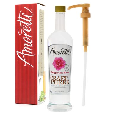 Amoretti - Bulgarian Rose Craft Puree 750 ml, Perfect for flavoring Cocktail, Brewing, Beer, Wine, alcoholic beverages, and Mocktail, Drink Mix, Mixers, Made of Real Fruit, No Preservatives, with Pump