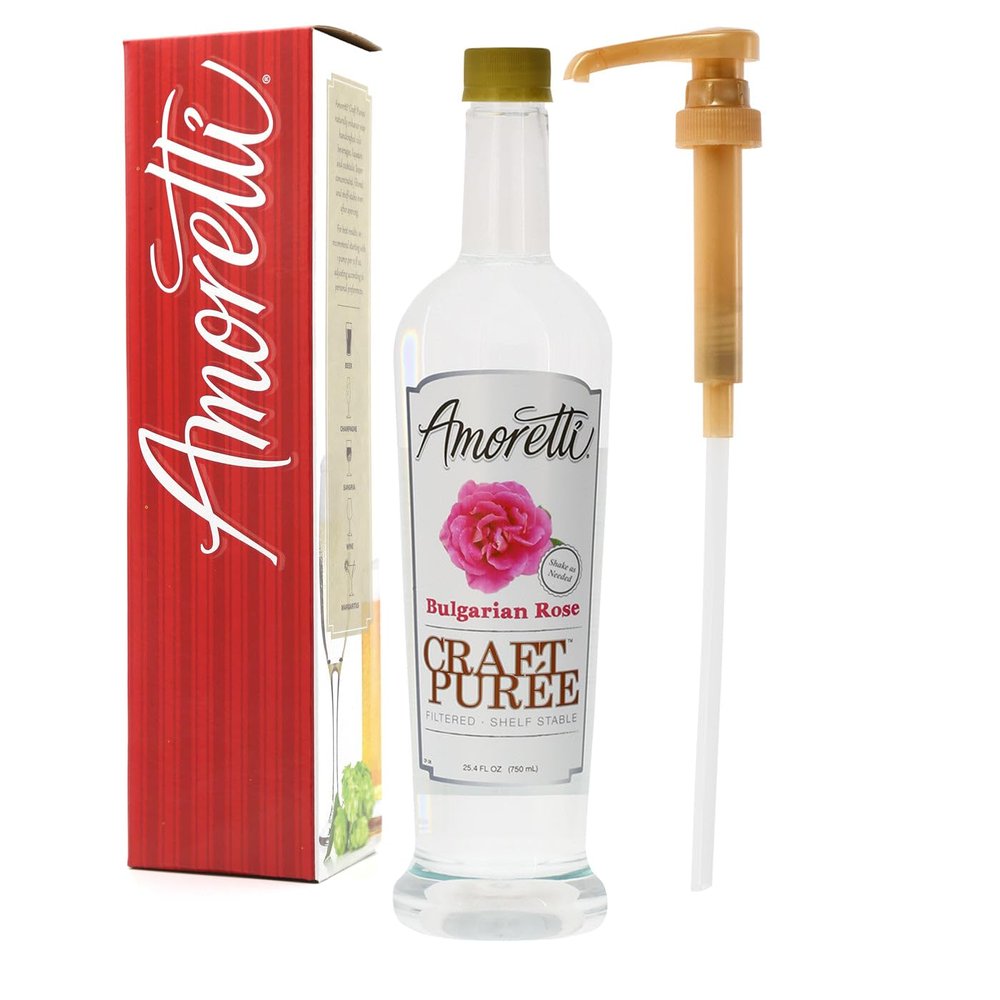Amoretti - Bulgarian Rose Craft Puree 750 ml, Perfect for flavoring Cocktail, Brewing, Beer, Wine, alcoholic beverages, and Mocktail, Drink Mix, Mixers, Made of Real Fruit, No Preservatives, with Pump