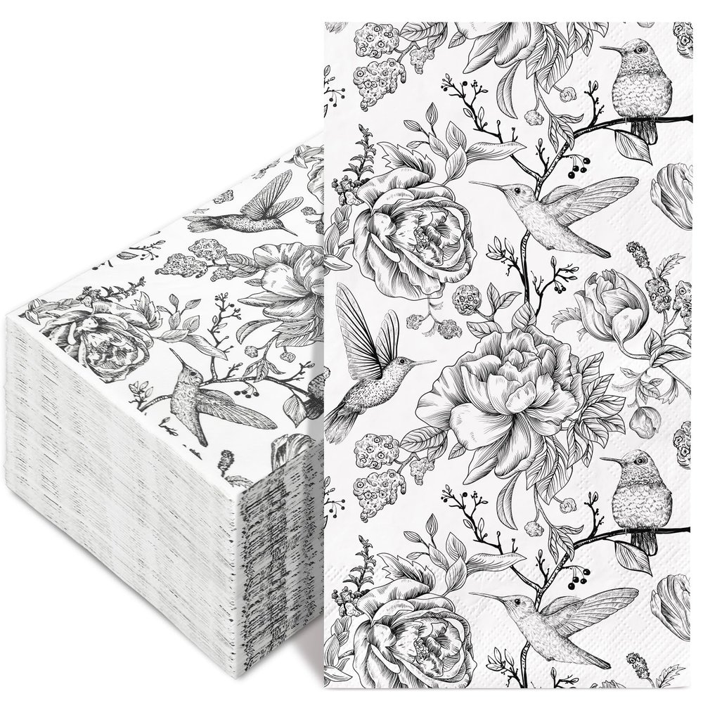 80Pcs Floral Birds Paper Guest Napkins White Black Bathroom Napkins Vintage Disposable Hand Towel Napkin for Home Holiday Party Supplies