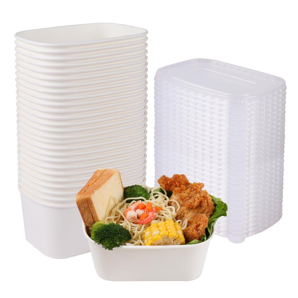JAYEEY 34 oz Disposable paper salad bowls with lids, Rectangle Food containers Soup Bowls Party Supplies Treat Bowls 50 Pack