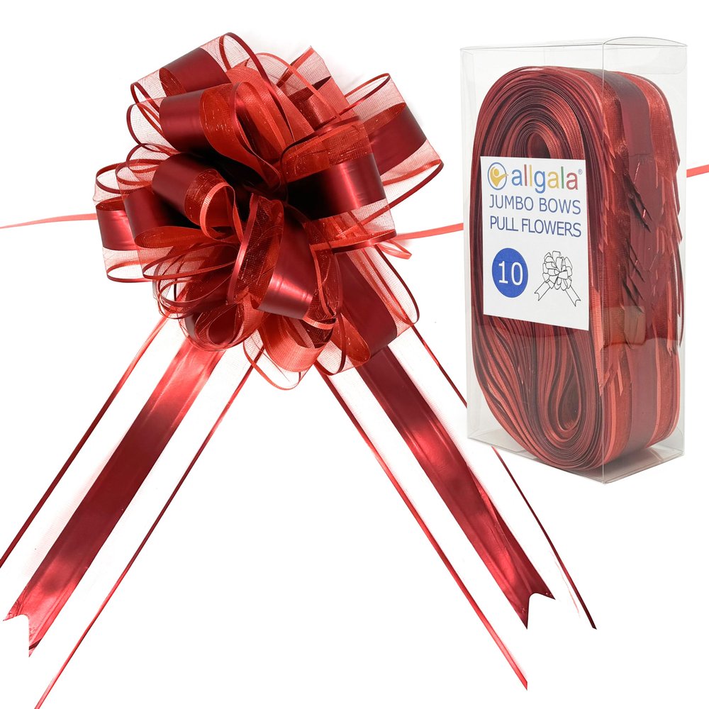 Allgala 10-PC 8 Inch Jumbo 2.5 Inch (6.4CM) Width Organza Ribbon Pull Flower Bow for Gift Wrapping Baskets Wedding Dcor - Red-GP90555