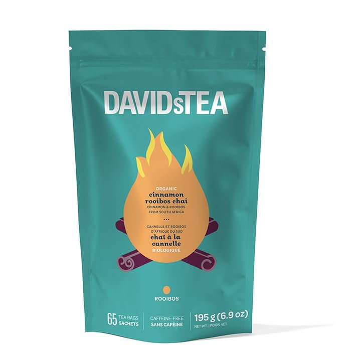 DAVIDsTEA Organic Cinnamon Rooibos Chai Caffeine-Free Herbal Tea with Apple, Rooibos & Cinnamon 65 Tea Bags Sweet, Cozy & Naturally Refreshing Late-Night Chai Without the Buzz