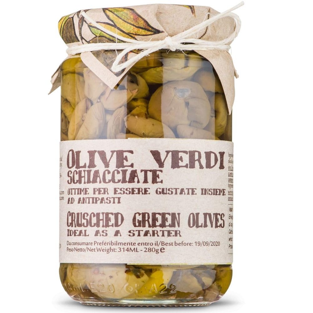 ARTIGIANI DEI SAPORI Italian Cracked Green Olives  Authentic Hand-Crushed Green Olives from Italy, Naturally Cured and Preserved in Olive Oil, Gourmet Mediterranean Appetizer, 9.8 oz (277 g), Product of Italy