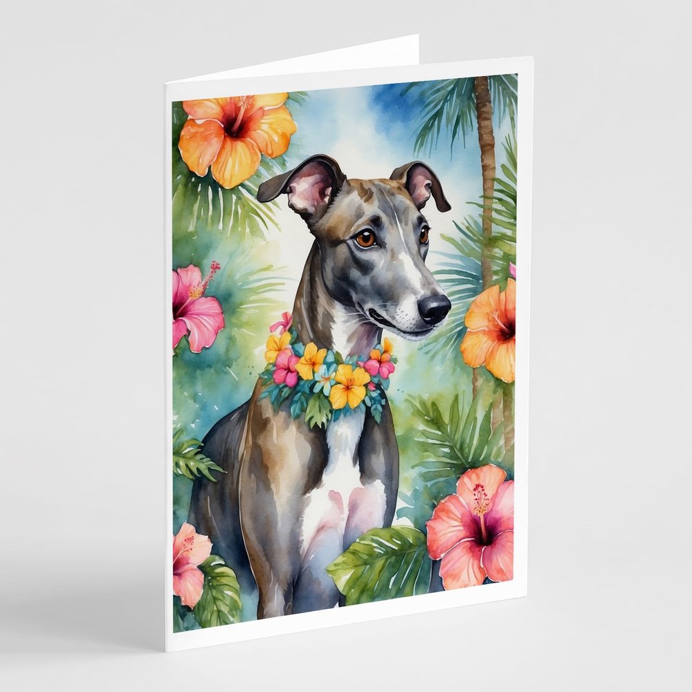 Caroline's Treasures Greyhound Luau Greeting Cards Pack of 8 Blank Cards with Envelopes Whimsical A7 Size 5x7 Blank Note Cards