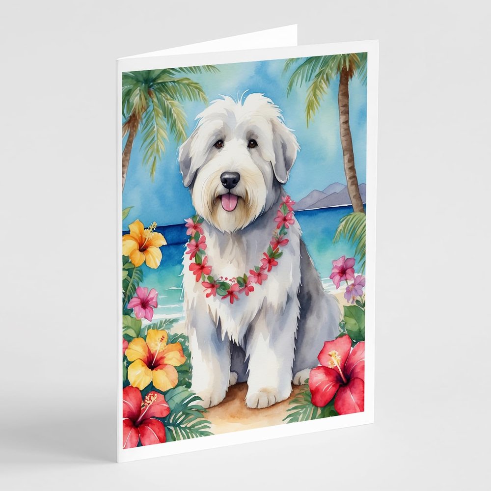 Caroline's Treasures Old English Sheepdog Luau Greeting Cards Pack of 8 Blank Cards with Envelopes Whimsical A7 Size 5x7 Blank Note Cards