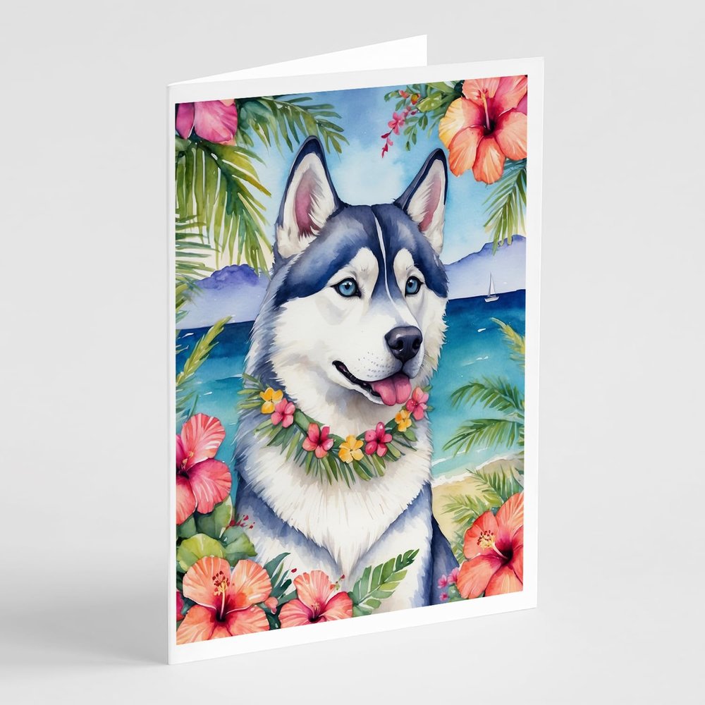 Caroline's Treasures Siberian Husky Luau Greeting Cards Pack of 8 Blank Cards with Envelopes Whimsical A7 Size 5x7 Blank Note Cards