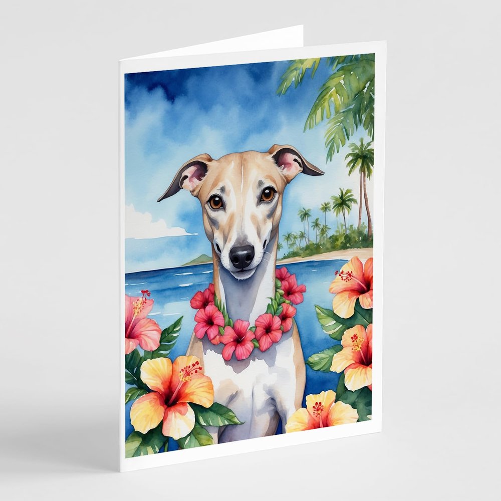 Caroline's Treasures Whippet Luau Greeting Cards Pack of 8 Blank Cards with Envelopes Whimsical A7 Size 5x7 Blank Note Cards