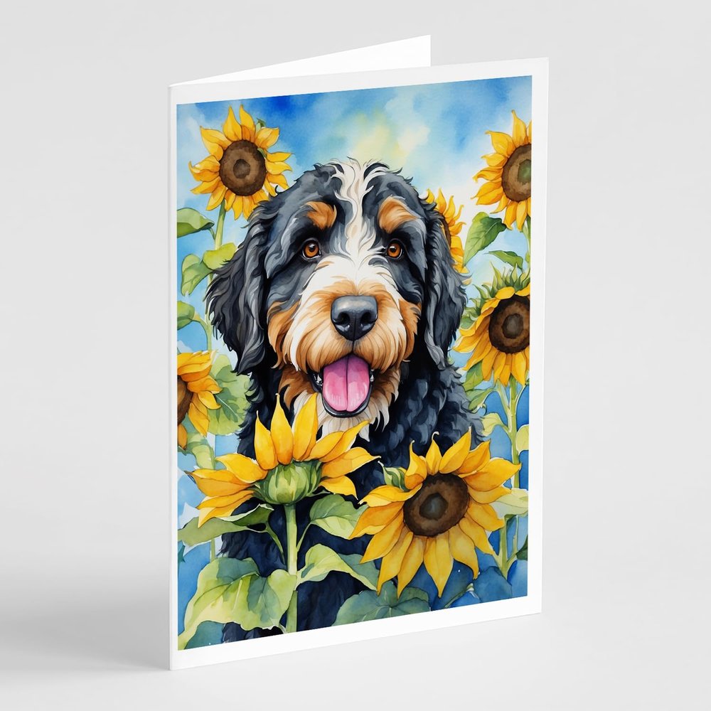 Caroline's Treasures Bernedoodle in Sunflowers Greeting Cards Pack of 8 Blank Cards with Envelopes Whimsical A7 Size 5x7 Blank Note Cards