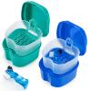 2 Pack Color Retainer Cleaner Case Denture Cups for Soaking Dentures, False Teeth Container Partial Denture Cleaning Case with Lid Travel - Lake Green and Dark Blue view 1