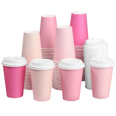 Purhapfre 80 Pcs 12 oz Pink Disposable Coffee Cups with Lids Hot Pink Light Pink Gradient Paper Cups for Hot and Cold Beverage Water Juice Coffee Tea Party Wedding Bride Shower Supplies