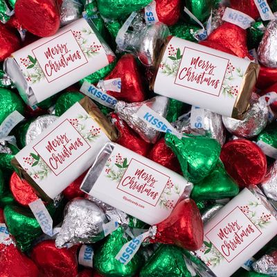 124 Pcs Christmas Candy Chocolate Party Favors Miniatures & Red, Green & Silver Kisses (1.52 lbs) - Merry Berry
