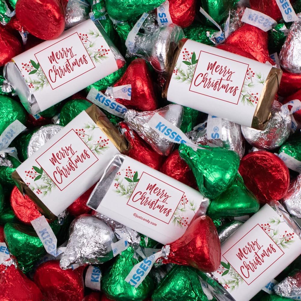 124 Pcs Christmas Candy Chocolate Party Favors Miniatures & Red, Green & Silver Kisses (1.52 lbs) - Merry Berry