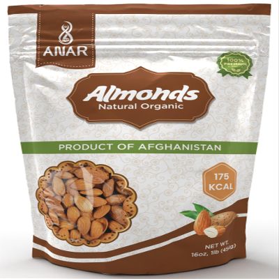 ANAR Almonds from Afghanistan | 16oz (454g) bag | Whole Natural Raw Snacks | Freshly Harvested | No Prservatives | Pure & Premium Quality | Best for Snacking, Home made trail mix, Ice-cream | Non-GMO | Pack of 1 | Resealable bag