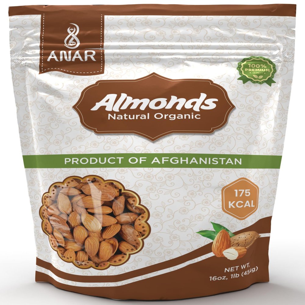 ANAR Almonds from Afghanistan | 16oz (454g) bag | Whole Natural Raw Snacks | Freshly Harvested | No Prservatives | Pure & Premium Quality | Best for Snacking, Home made trail mix, Ice-cream | Non-GMO | Pack of 1 | Resealable bag