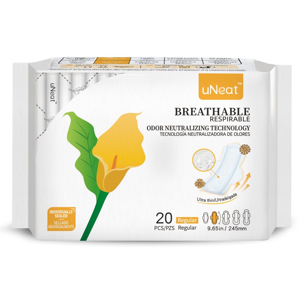 uNeat Ultra Thin Pads with Wings, Sanitary Napkins for Women and Teen, Regular Absorbency, Unscented, Eliminates Odor (Regular, Size 2, 20 Count)