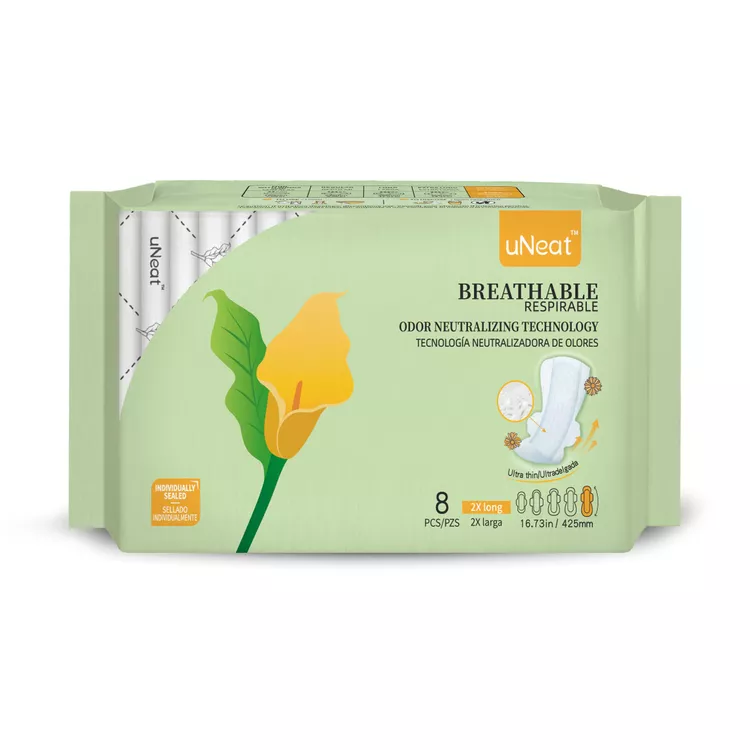 uNeat Ultra Thin Breathable Feminine Pads with Wings for Women, Odor-Neutralizing Tech, Unscented, Heavy, Extra Heavy Absorbency, Overnight (2X Long, 8 Count)