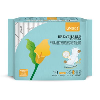 uNeat Ultra Thin Breathable Feminine Pads with Wings for Women, Odor-Neutralizing Tech, Unscented, Heavy Absorbency, Day/Night Pads (Long, 10 Count)