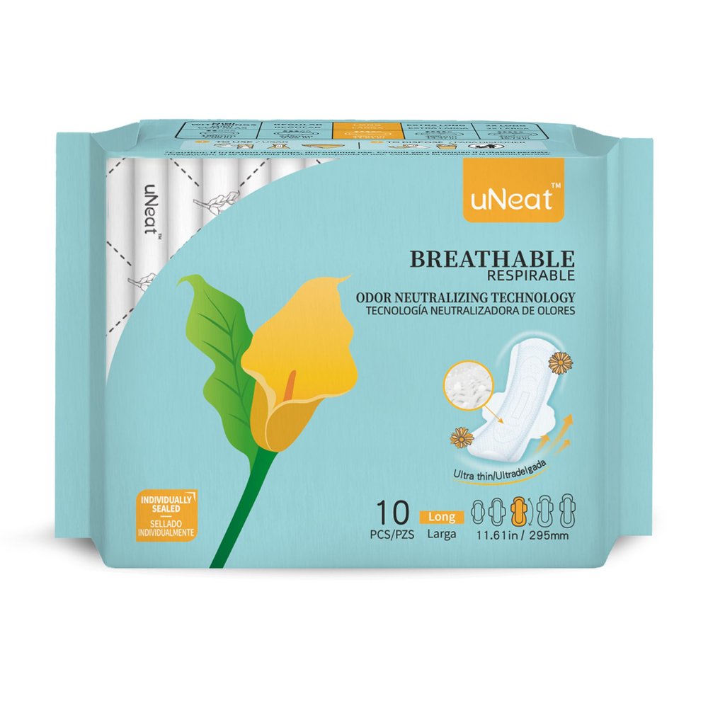 uNeat Ultra Thin Breathable Feminine Pads with Wings for Women, Odor-Neutralizing Tech, Unscented, Heavy Absorbency, Day/Night Pads (Long, 10 Count)