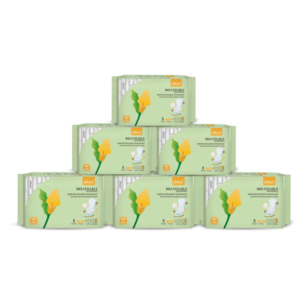 uNeat Overnight Pads for Women, Size 5, Ultra Thin Maxi Period Pads with Wings, Extra Heavy Flow Absorbent, Feminine Care, Unscented, Extra Long Sanitary Napkins for Feminine, 48 Count