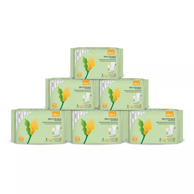 uNeat Overnight Pads for Women, Size 5, Ultra Thin Maxi Period Pads with Wings, Extra Heavy Flow Absorbent, Feminine Care, Unscented, Extra Long Sanitary Napkins for Feminine, 48 Count