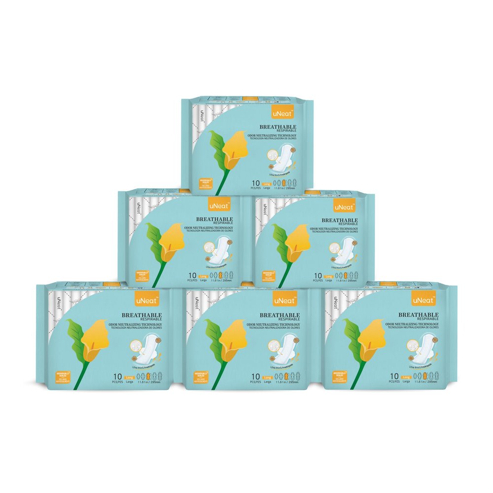 uNeat Maxi Pads with Wings, Long Overnight Period Pads for Women, Feminine Care, Heavy Absorbency, Odor-Neutralizing Tech, Unscented, Sanitary Napkins, (Size 3, 60 Count)
