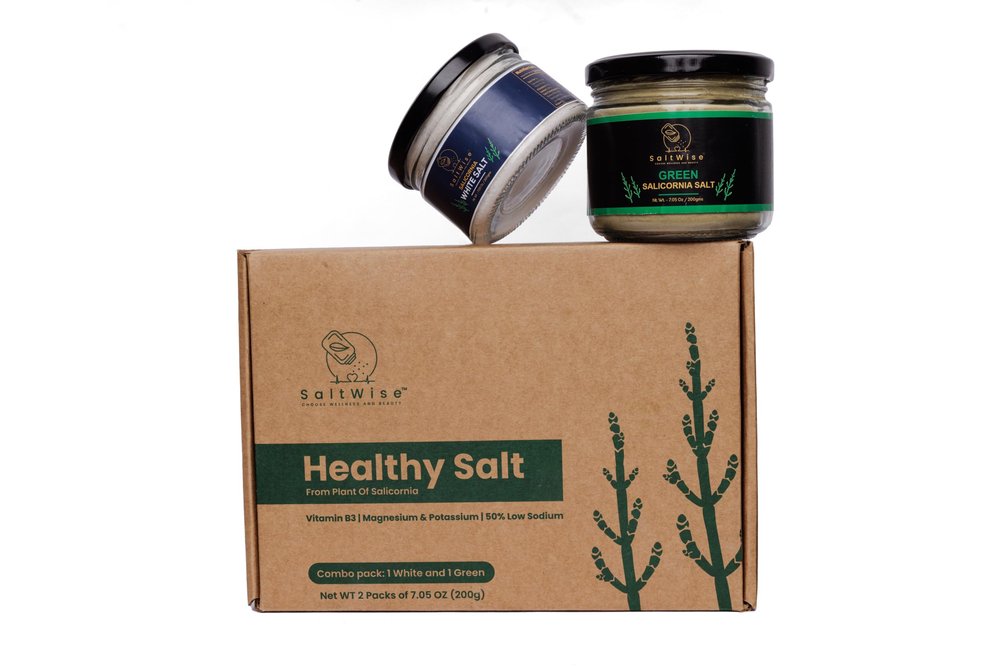 SaltWise Green & White Salicornia Salt Gift Set  Gourmet Plant-Based Salts, Low Sodium, Mineral & Vitamin Rich, Vegan, 100% Natural, Includes Gift Tote & Salt Shaker (14.10 oz / 400g Total)
