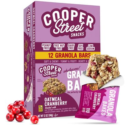 Cooper Street Oatmeal Cranberry Granola Bakes (12 pack) - Individually Wrapped Soft and Chewy Breakfast Granola Bars - Nut, Dairy & Soy Free - Great As Kids Snacks For School, Hiking Or Lunchbreak
