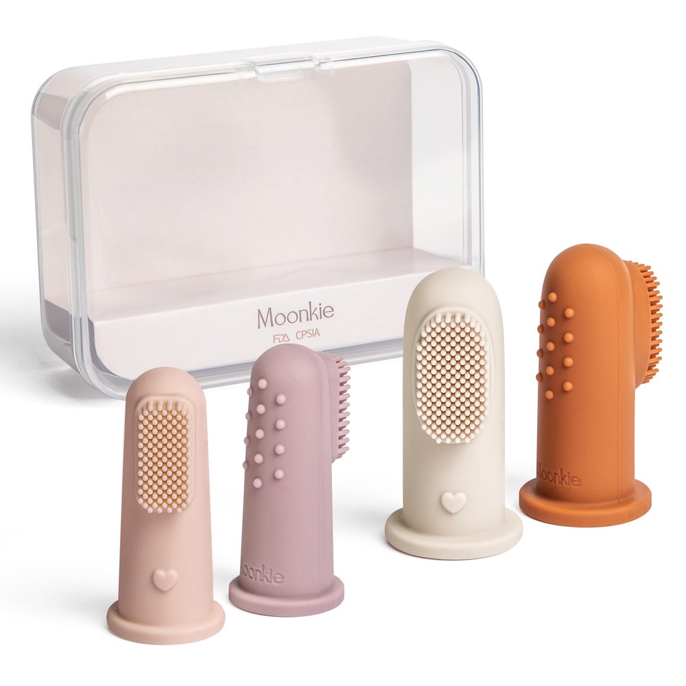 Moonkie Baby Toothbrush Finger Toothbrush Oral Cleaner Kit for 3 Months +, 4 Pcs Small (Blush/Pale Mauve)/Large (Clay/Ivory)
