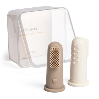 Moonkie Baby Toothbrush Finger Toothbrush Oral Cleaner Kit for 3 Months +, 2 Pcs Small (Warm Taupe/Ivory)