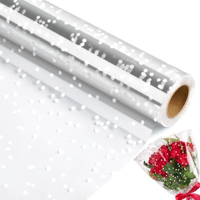 100 ftx34 in Extra Wide Clear Cellophane Wrap Roll | 2.5 Mil Thick Transparent Plastic with White Snow Dots | Bouquet, Baskets, Gifts, Crafts, Treats, Wrapping | Food Grade (34" Fold into 17")
