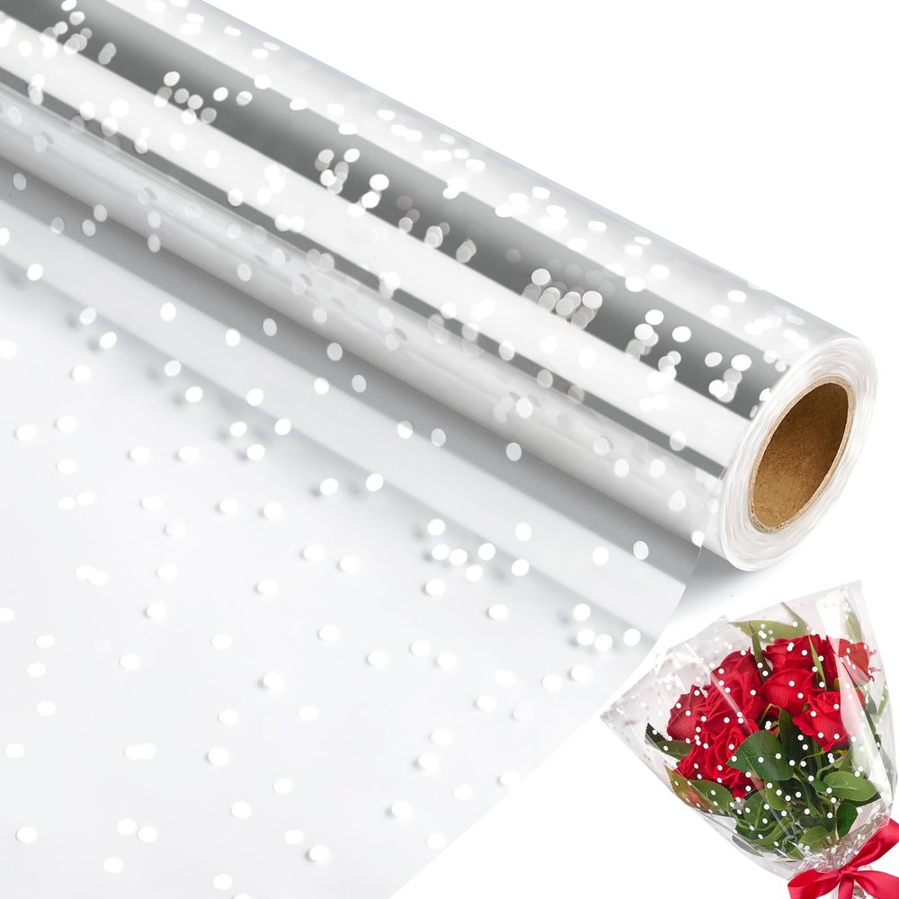 100 ftx34 in Extra Wide Clear Cellophane Wrap Roll | 2.5 Mil Thick Transparent Plastic with White Snow Dots | Bouquet, Baskets, Gifts, Crafts, Treats, Wrapping | Food Grade (34" Fold into 17")