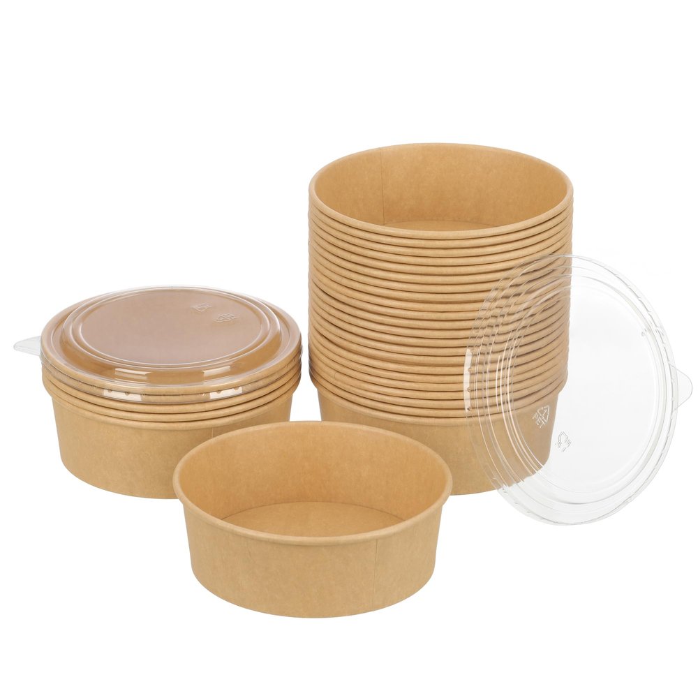 GHEIR 100 Pack 38 oz Disposable Bowls with Lids, Kraft Paper Salad Bowls with Lids, Paper Soup Bowls Food Container for Cold/Hot Food or Takeout