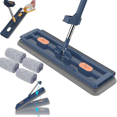 Large Flat Mop,Large Flat Mop with Bucket,LargeFlatMop for Wet and Dry Use,Self-Contained Dewatering Scraper Mop (Blue, 4Rag)