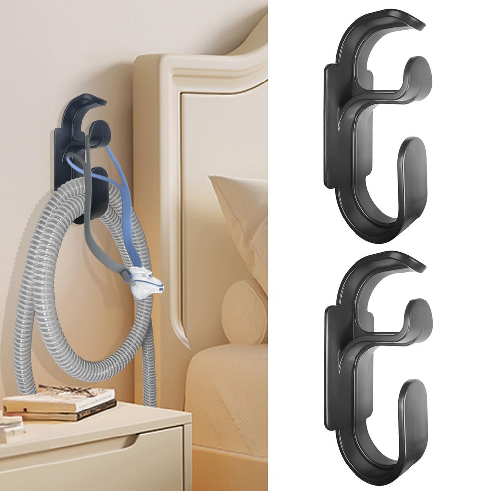 Aifeedi CPAP Hose Holder for Bed, 2 Pack CPAP Hook CPAP Hose Hanger with Anti-Unhook Feature, CPAP Mask Hook & CPAP Tubing Holder, CPAP Supplies Prevents Hose Tangle for Better Sleep (Black)