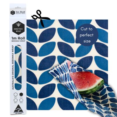 Honeybee Beeswax Wraps - Blue Leaf Pattern Beeswax Roll -Certified Organic Cotton Beeswax Wrap - Reusable Beeswax Wraps for Food - Plastic Wrap & Sandwich Bags Alternative - 40 x 13