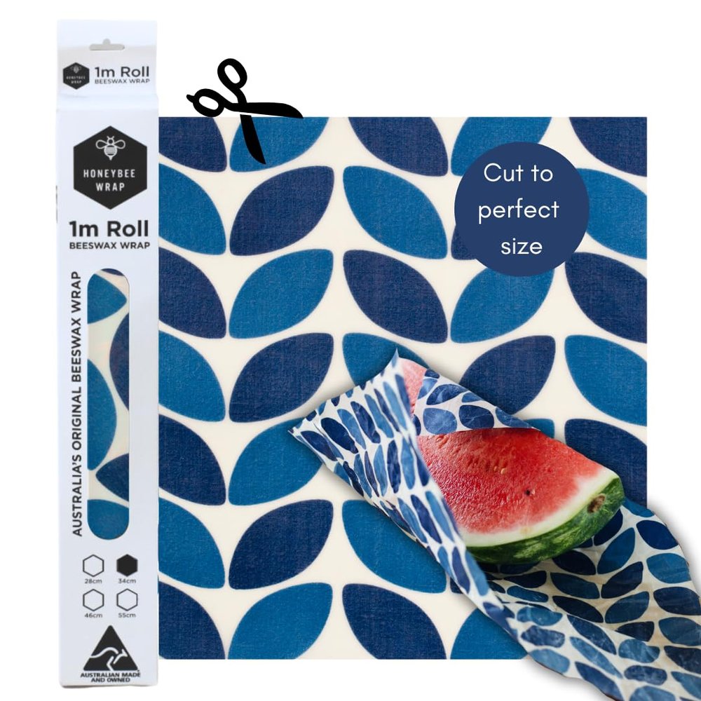 Honeybee Beeswax Wraps - Blue Leaf Pattern Beeswax Roll -Certified Organic Cotton Beeswax Wrap - Reusable Beeswax Wraps for Food - Plastic Wrap & Sandwich Bags Alternative - 40 x 13