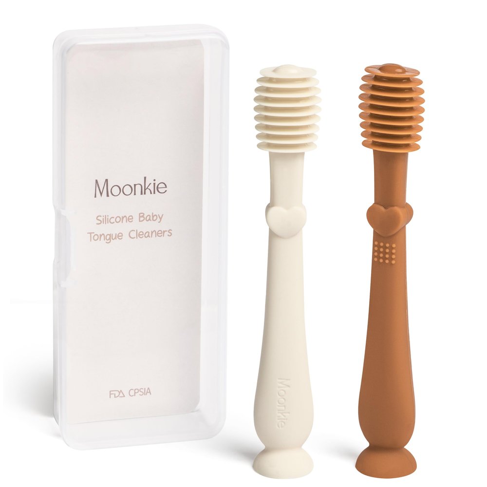 Moonkie Baby Tongue Cleaner, Toddler Toothbrush, Baby Oral Cleaner Newborn Kit for 3 Months+, 2 Pcs (Clay/Ivory)
