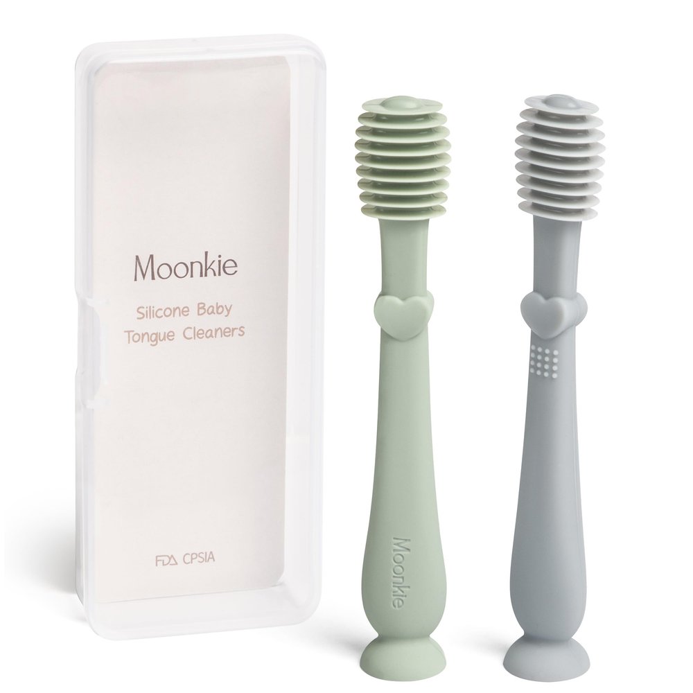Moonkie Baby Tongue Cleaner, Toddler Toothbrush, Baby Oral Cleaner Newborn Kit for 3 Months+, 2 Pcs (Blue/Mint)