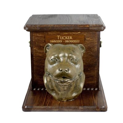 Art-Dog Big Urn for Horse Ashes - Handmade Wooden Memorial with Customizable Cold Cast Bronze Statue Horse Memorial Urn with Sculpture 9.4 x 7.3 x 8.9 Staffordshire Bull Terrier