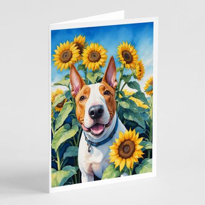 Caroline's Treasures English Bull Terrier in Sunflowers Greeting Cards Pack of 8 Blank Cards with Envelopes Whimsical A7 Size 5x7 Blank Note Cards