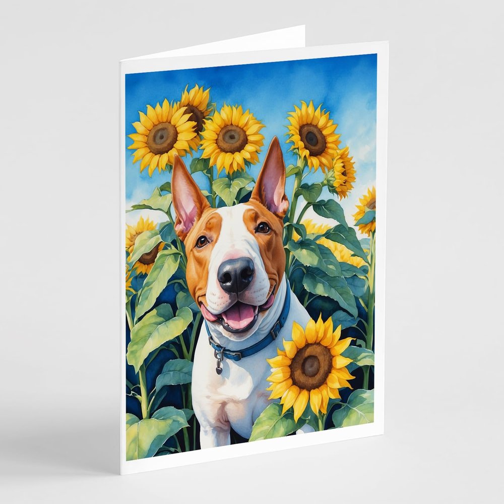 Caroline's Treasures English Bull Terrier in Sunflowers Greeting Cards Pack of 8 Blank Cards with Envelopes Whimsical A7 Size 5x7 Blank Note Cards