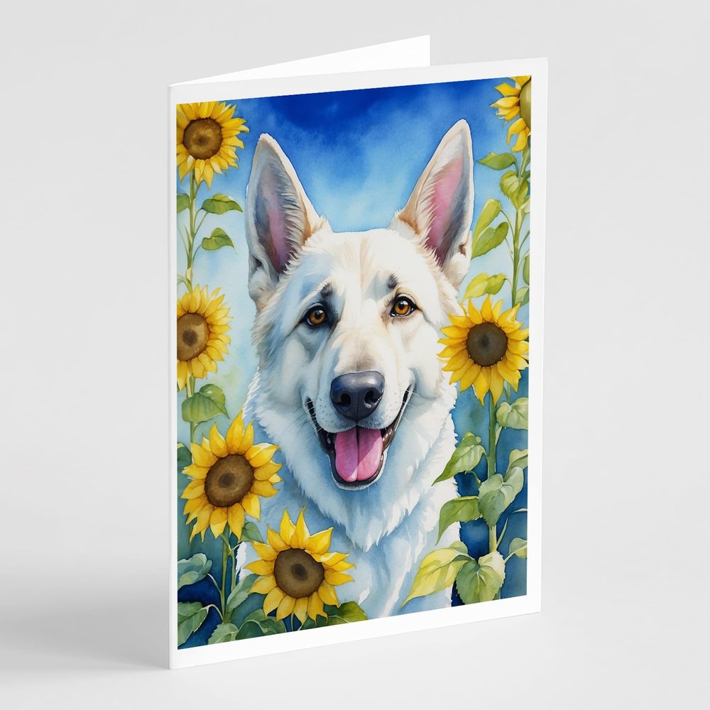 Caroline's Treasures White German Shepherd in Sunflowers Greeting Cards Pack of 8 Blank Cards with Envelopes Whimsical A7 Size 5x7 Blank Note Cards