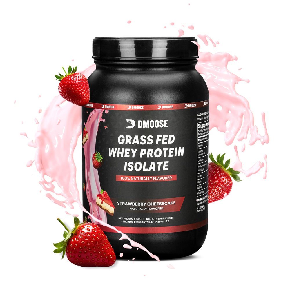 DMoose Grass Fed Whey Protein Powder - for Muscle Growth & Recovery, Naturally Sweetened & Flavored, Rich in Amino Acids, Fast Absorbing Performance Formula (2 Lbs, Strawberry)