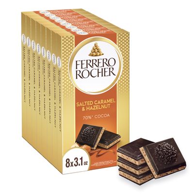 Ferrero Rocher Premium Dark Chocolate Hazelnut and Crunchy Salted Caramel Bar, Chocolate Gift, 8 Pack, 3.1 oz Each