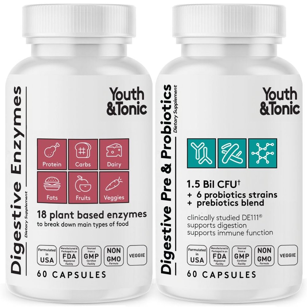 Youth & Tonic Digestive Supplement for Bloating, Regularity & Gut Health. Full Spectrum Enzymes Probiotics & Prebiotics for Digestion to Break Down Food and to Use Daily, for Women & Men  120 Pills
