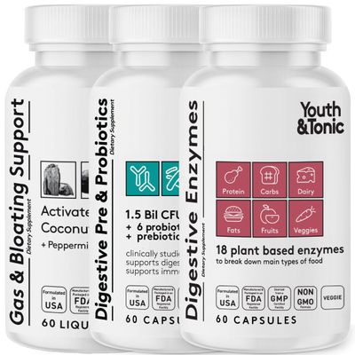 Youth & Tonic Digestion Stomach Support & Detox for Regularity, Gas & Bloating & Gut Health. All Types Digestive Enzymes Probiotics & Prebiotics Charcoal Peppermint & Organic Coconut Oil 180 Pills