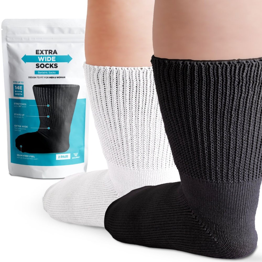 Bariatric Socks Extra Wide, Extra Wide Socks for Swollen Feet, Diabetic and Lymphedema, Non-Binding Socks - Black and White